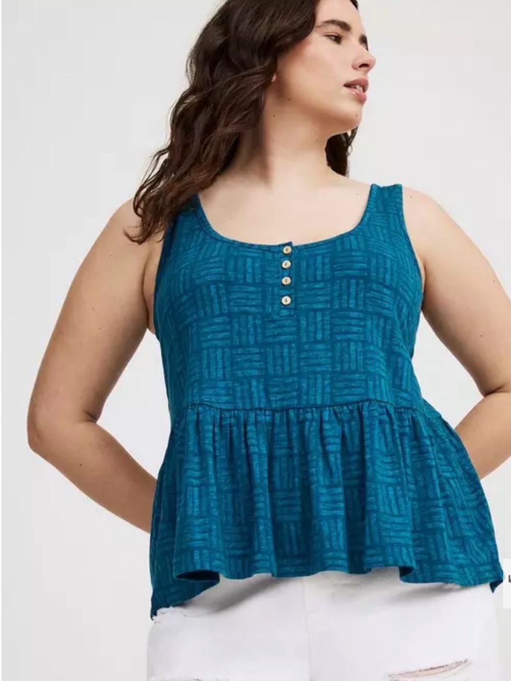 torrid Teal Textured Peplum Tank with Button Detail